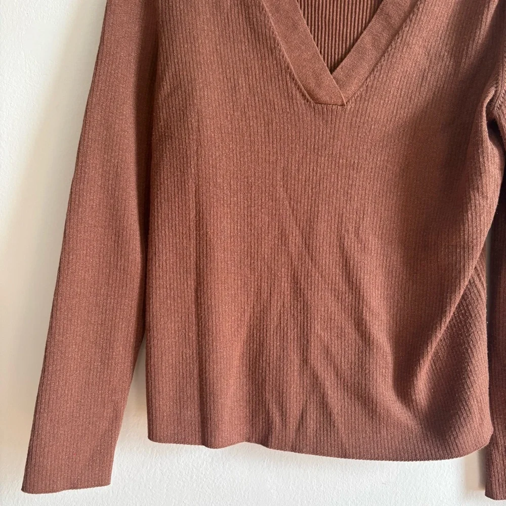 Anthropologie Maeve Sz XL Thea Brown Gold Metallic V Neck Sweater - Picture 6 of 11